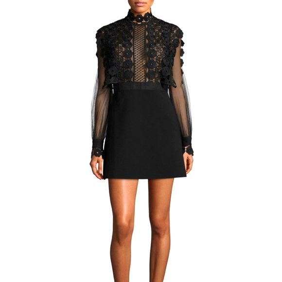 Self-Portrait Dresses & Skirts - Self Portrait black long sleeved sheer lace mini dress size 2